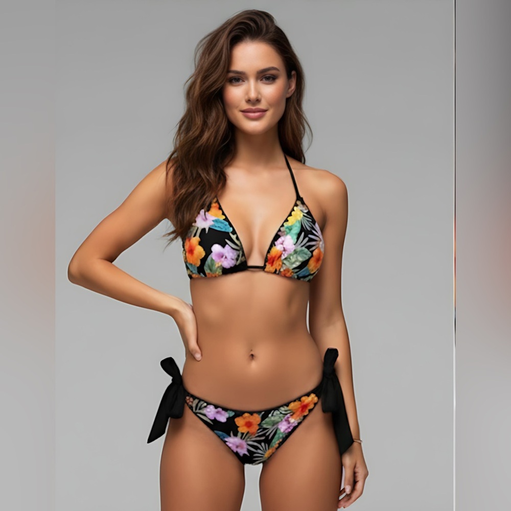 Boho Floral Halter Tie Side Bikini Swimsuit Black